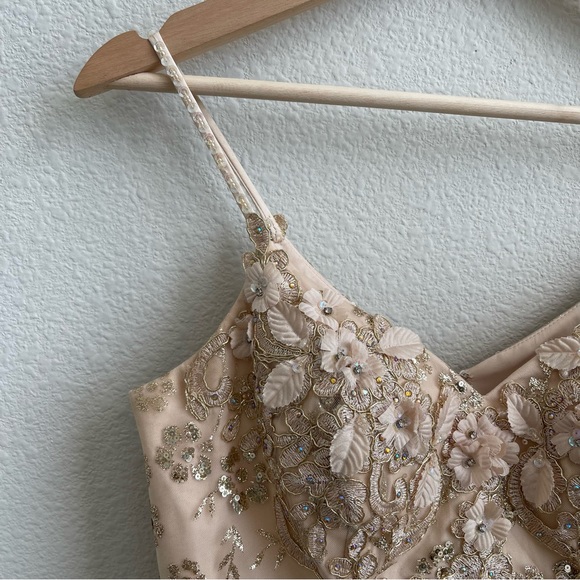 DANCING QUEEN Gold Beige Floral Glitter Tinker Bell Fairy Princess Tulle Dress - Picture 4 of 13